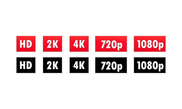 Video quality symbol HD, Full HD, 2K, 4K, 720p, 1080p signs. Screen resolution icons. Vector on isolated white background. EPS 10.