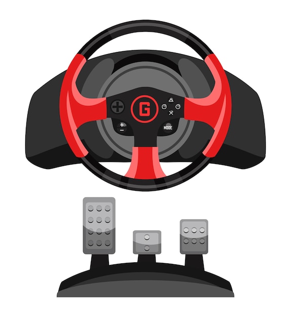 Video racestuur gamecontroller met pedaal ingesteld voor gaming-simulatie geïsoleerd op wit