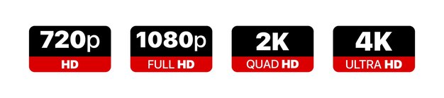 Vector video size resolution icon set. 720p, 1080p, 2k and 4k hd sign. high definition. vector eps 10. isolated on white background.