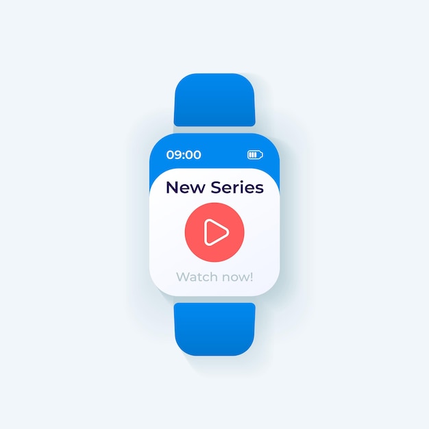 Modello di vettore dell'interfaccia smartwatch di streaming video. design della modalità giorno di notifica dell'app mobile. nuova serie, guarda ora lo schermo. interfaccia utente piatta per l'applicazione. pulsante di riproduzione sul display dell'orologio intelligente