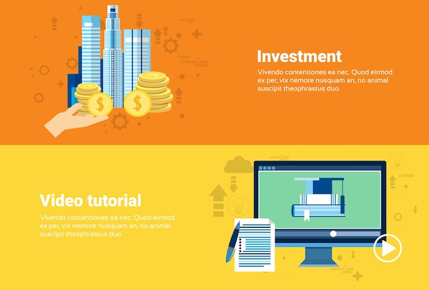 Video tutorial editor investment money modern technology web banner flat vector illustration