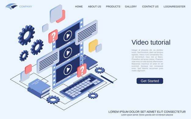 Video tutorial elearning online education user guide flat isometric vector concept illustration