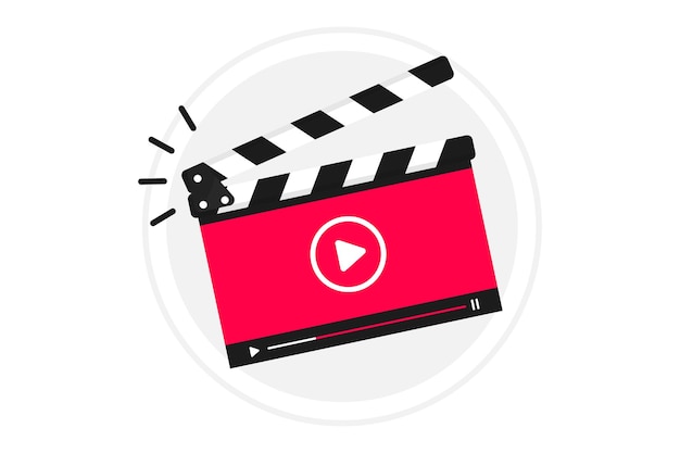 Vector video tutorial icon, emblem, label, button. clapperboard with running online video player. movie or online cinema design of clapper board video player. video editor or film production. online cinema