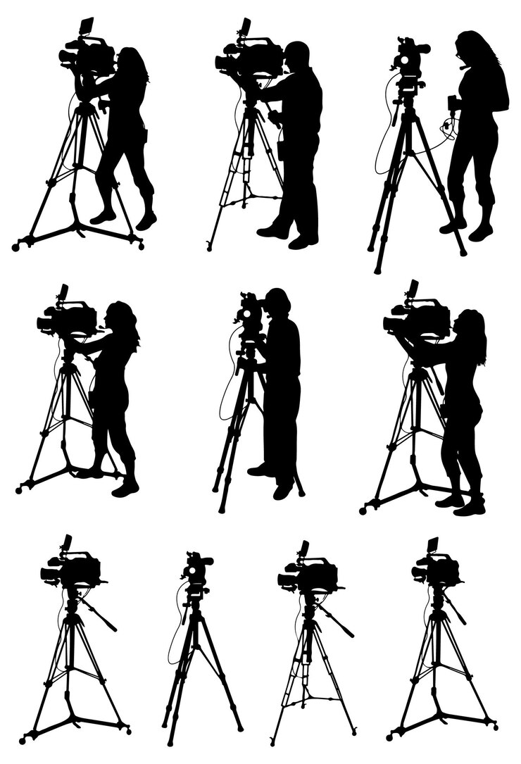 Vector videoapparatuur strakke silhouetillustraties van professionele videografieapparatuur cameramensen en