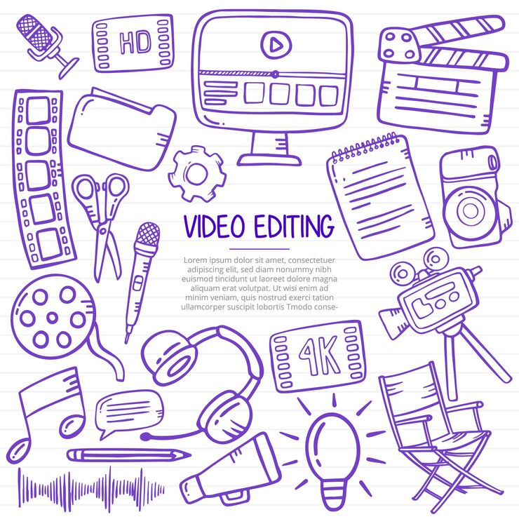 Videobewerkingsconcept met doodle-stijl voor sjabloon van banners, flyer, boeken en tijdschriftomslag vectorillustratie