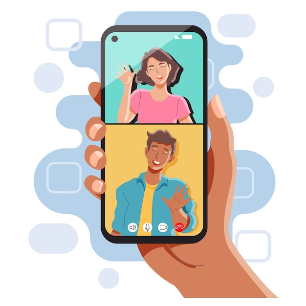 Vector videocall concept. friends videocalling on smartphone. vector and illustration.