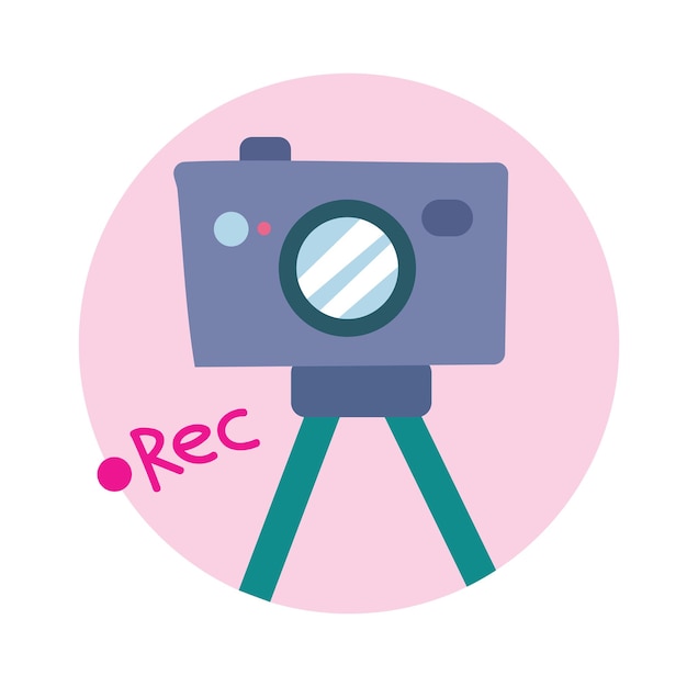 Videocamera op statiefpictogram in roze cirkel vlakke veelkleurige stijlicoon met inscriptie record