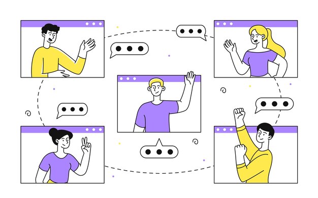 Videochat overzicht concept mannen en vrouwen bij videoconferentie afstandscommunicatie en interactie