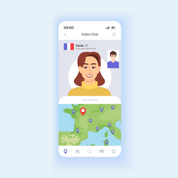 Videochat smartphone interface vector sjabloon. lay-out van paginaontwerp voor mobiele apps. dating scherm. wereldwijd vrienden maken. verken de wereld en reis virtueel. platte gebruikersinterface voor toepassing. telefoonweergave