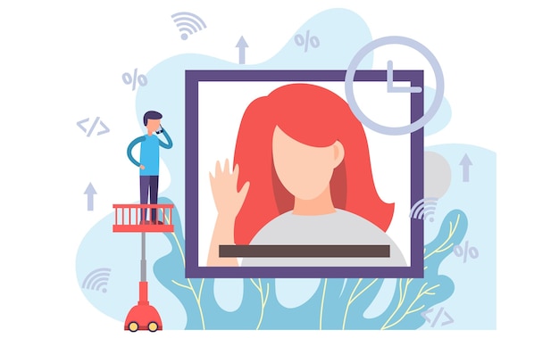 Vector videoconferencing online vergaderwerkruimte vrouw en man met telefoon spreken via webcamera