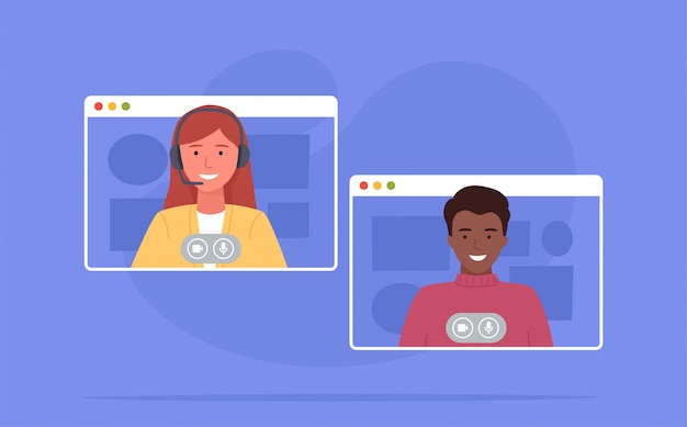 Videoconferentie. Collega's die thuis aan videoconferentie deelnemen. Werken vanuit huis. Software voor online communicatie. illustratie