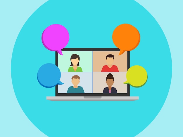 Videoconferentie. Het concept van werken op afstand. Een flatscreen-laptop met een groep collega's