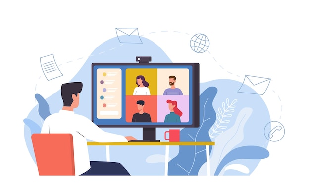 Videoconferentie. Man aan bureau biedt collectieve virtuele vergadering met behulp van computer, online chatwerk op afstand met videoscherm, discussie met vrienden of e-learning internetcommunicatie vectorconcept