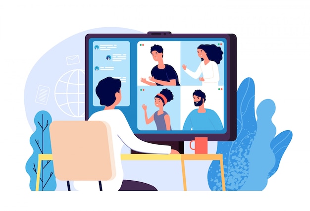 Videoconferentie. Mensen groeperen op computerscherm nemen met collega