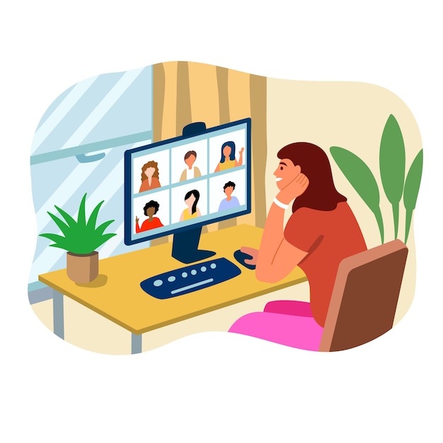 Videoconferentie Thuiswerkplek scherm pc Groep mensen praten via internet Stream Web chatten