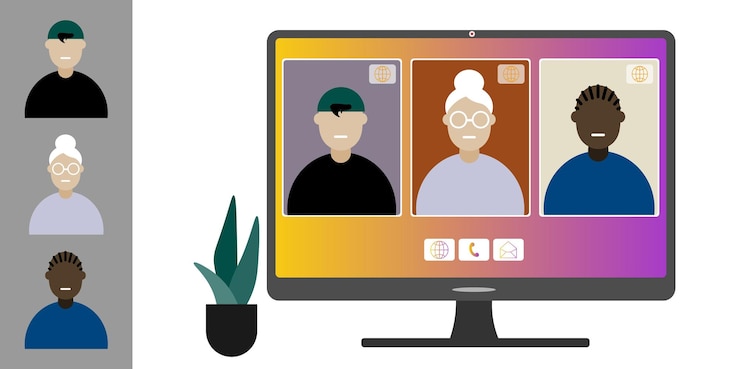 Vector videoconferentie vanuit huis collega's van verschillende nationaliteiten en leeftijden praten
