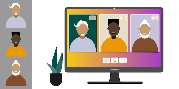 Vector videoconferentie vanuit huis collega's van verschillende nationaliteiten en leeftijden praten