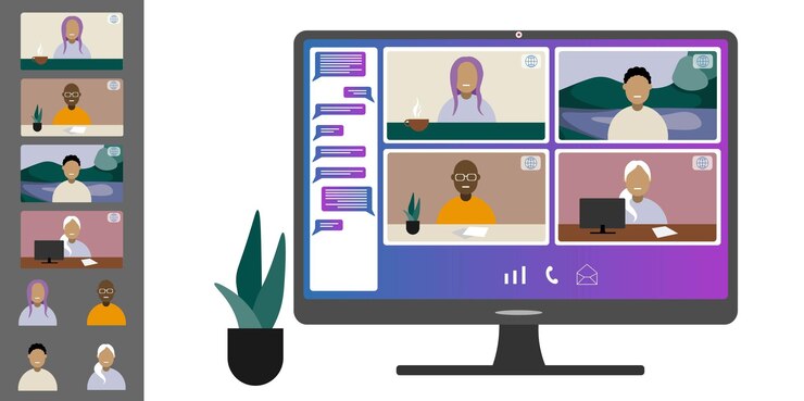 Vector videoconferentie vanuit huis collega's van verschillende nationaliteiten en leeftijden praten