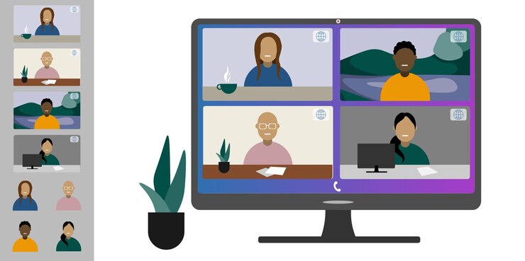 Vector videoconferentie vanuit huis collega's van verschillende nationaliteiten en leeftijden praten