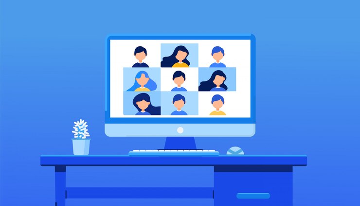 Videoconferentie voor training. E-learning, online vergadering, werk vanuit huis concept op achtergrond. Illustratie voor webbanner, bestemmingspagina of webkop.