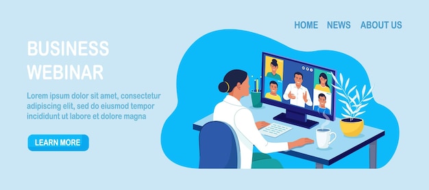 Videoconferentiebanner. Collega's praten met elkaar op het scherm van de laptop.