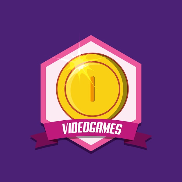 Vector videogame emblem with coin icon over purple background