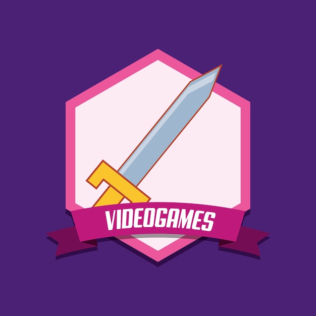 Videogame emblem with sword icon over purple background