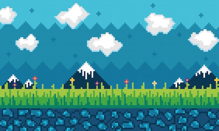 Vector 산과 꽃 벡터와 비디오 게임 scenary