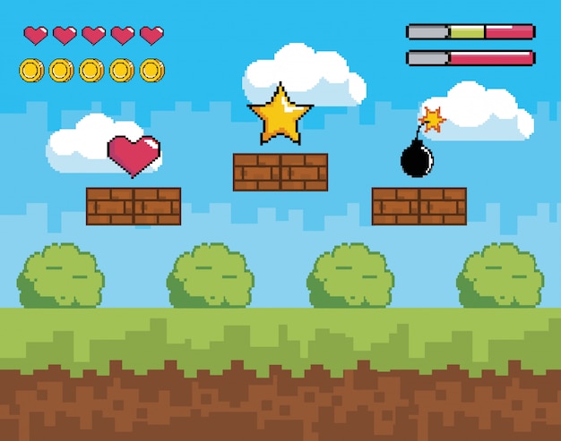 Vector videogame scene with heart life and coins bars