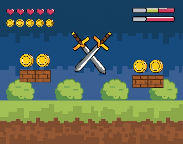 Videogame scene with pixelated swords and coins