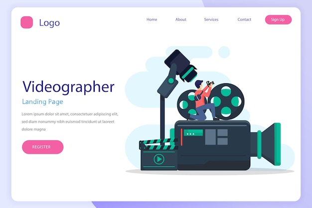 Videographer concept landing page website flat vector template