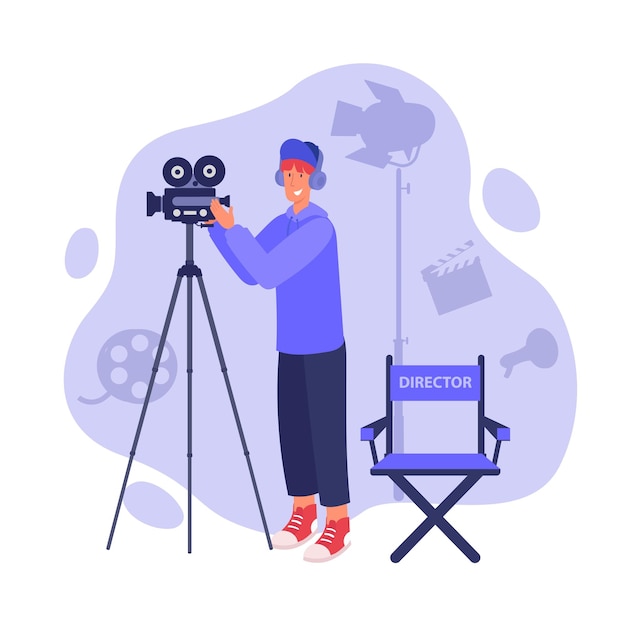 Vettore illustrazioni vettoriali di cartoni animati per videografi o registi uomo che utilizza la fotocamera per realizzare video