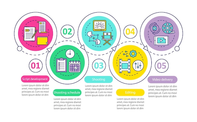 Vector videoproductie, film maken van vector infographic sjabloon. zakelijke presentatie ontwerpelementen. datavisualisatie met 6 stappen en opties. proces tijdlijn grafiek. workflowlay-out met lineaire pictogrammen