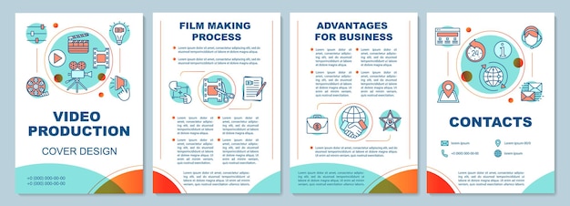 Videoproductiebureau brochure sjabloon lay-out. Film maken. Flyer, boekje, folder printontwerp met lineaire illustraties. Vectorpaginalay-outs voor tijdschriften, jaarverslagen, reclameposters