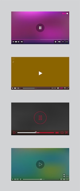 Videospelervenster met menu en knoppenpaneel Vectorset. Verzameling gebruikersinterface.