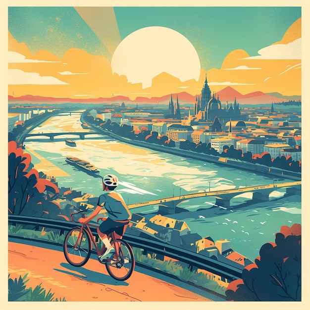 Vector a vienna boy cycles along the danube in cartoon style