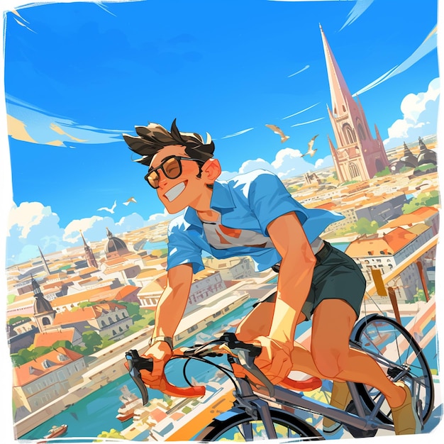 A vienna boy cycles along the danube in cartoon style