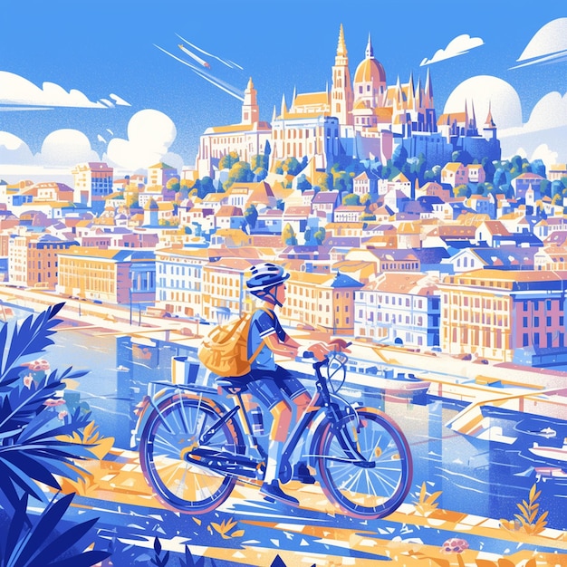 A vienna boy cycles along the danube in cartoon style