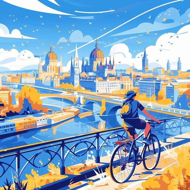 A vienna boy cycles along the danube in cartoon style