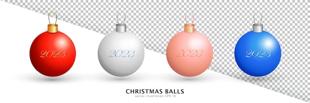 Vier 3d snuisterijen met tekst 2023. Cartoon witte, rode, roze en blauwe realistische hangende kerstballen