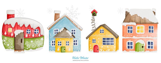 Vier aquarel winterhuis met een sneeuwkap Aquarel Vector illustratie