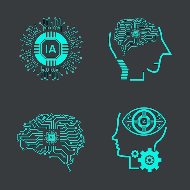 Vier artificiële intelligentie iconen symbolen element UIs Collectie van technologie iconen