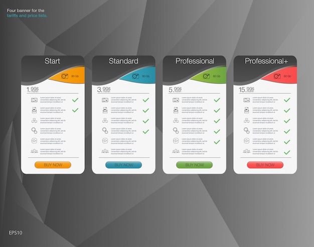 Vier banner voor de tarieven en prijslijsten. webelementen. hosting plannen. voor web-app. vier banner voor de bewolkte hemel service. prijslijst, hostingplannen en banners voor webboxen.