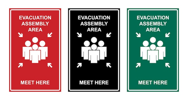 Vector vier borden voor de verzamelplaats voor evacuatie, waarvan er één rood is, waarvan er één zegt: 