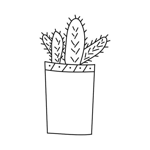 Vier cactussen in een verticale pot in de stijl van een doodle