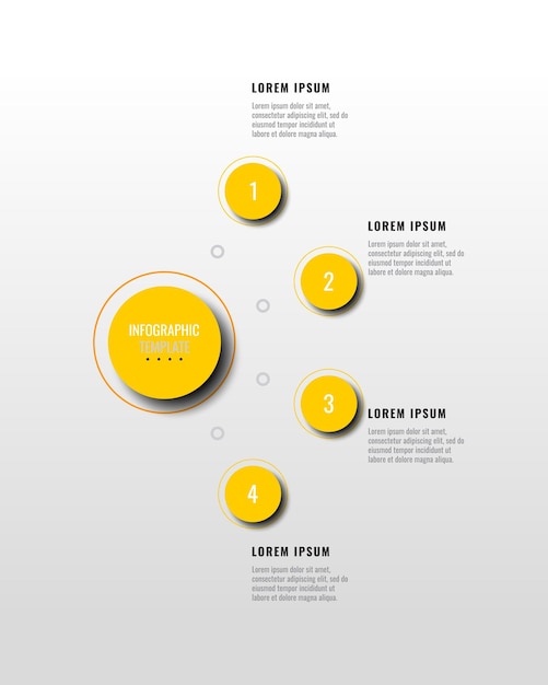 Vier gele infographic elementen met realistische schaduw in verticaal diagram op een witte achtergrond
