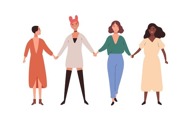 Vier gelukkige diverse jonge vrouw die lacht hand in hand platte vectorillustratie. groep meisje unie van feministen permanent samen geïsoleerd op een witte achtergrond. vrouwelijke vriendschap en zusterschap.