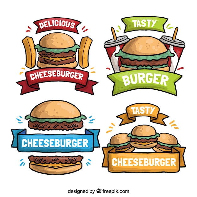 Vector vier handgemaakte hamburgerlogo's