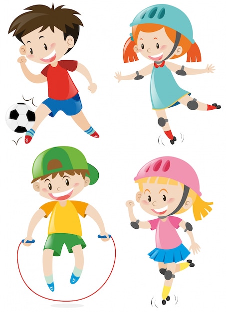 Vier kinderen doen verschillende sporten