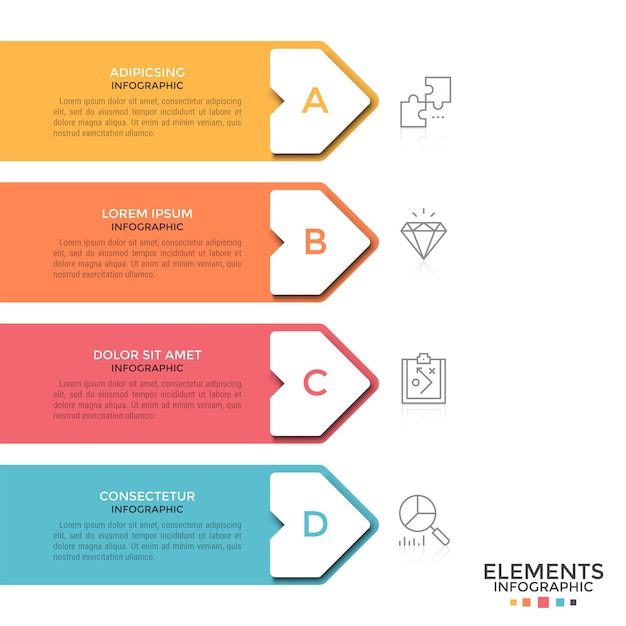 Vector vier kleurrijke pijlen met tekstvakken en letters erin onder elkaar geplaatst en wijzend op dunne lijnpictogrammen. concept van 4 opeenvolgende stappen. moderne infographic ontwerpsjabloon.